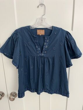 Clara The Label Blue Embroidered Blouse Boho 100% Cotton Eyelet Top XS Peasant